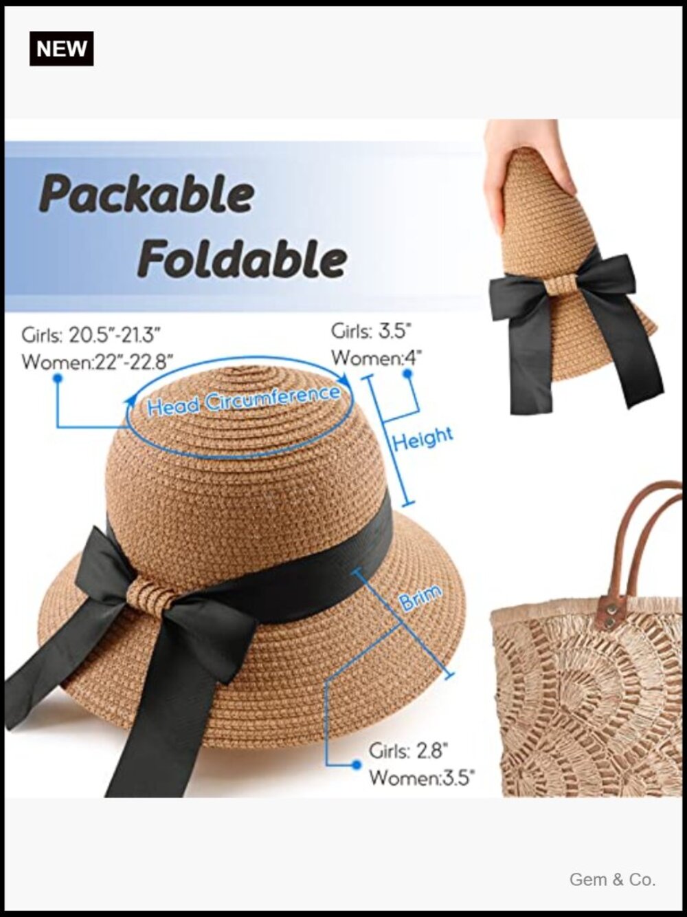 Wide Brim Straw Sun Hat Foldable Floppy with Bowknot and Chin Strap - Picture 6 of 7